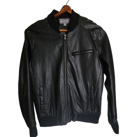 Michael Kors Black Faux Leather Perforated Moto Jacket Cuffed Size Medium - Picture 1 of 10